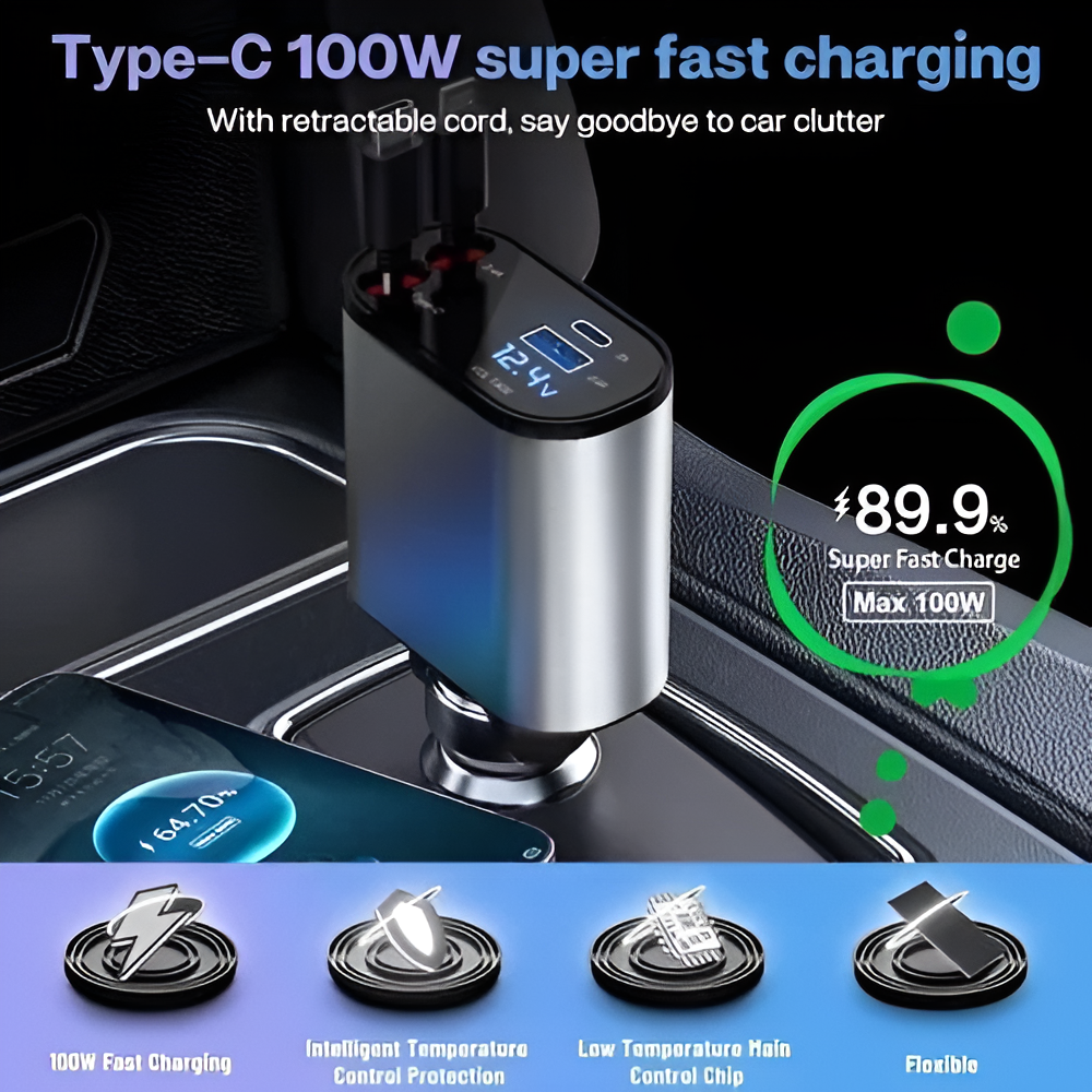 4 in 1 car charger, 120W car charger, multi port car charger, fast car charger for iPhone and Android, retractable USB car charger, Type-C PD car charger